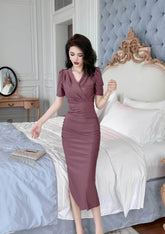 V-Neck Ruffled Puff Sleeves Pleated Midi Dress S / RosyBrown